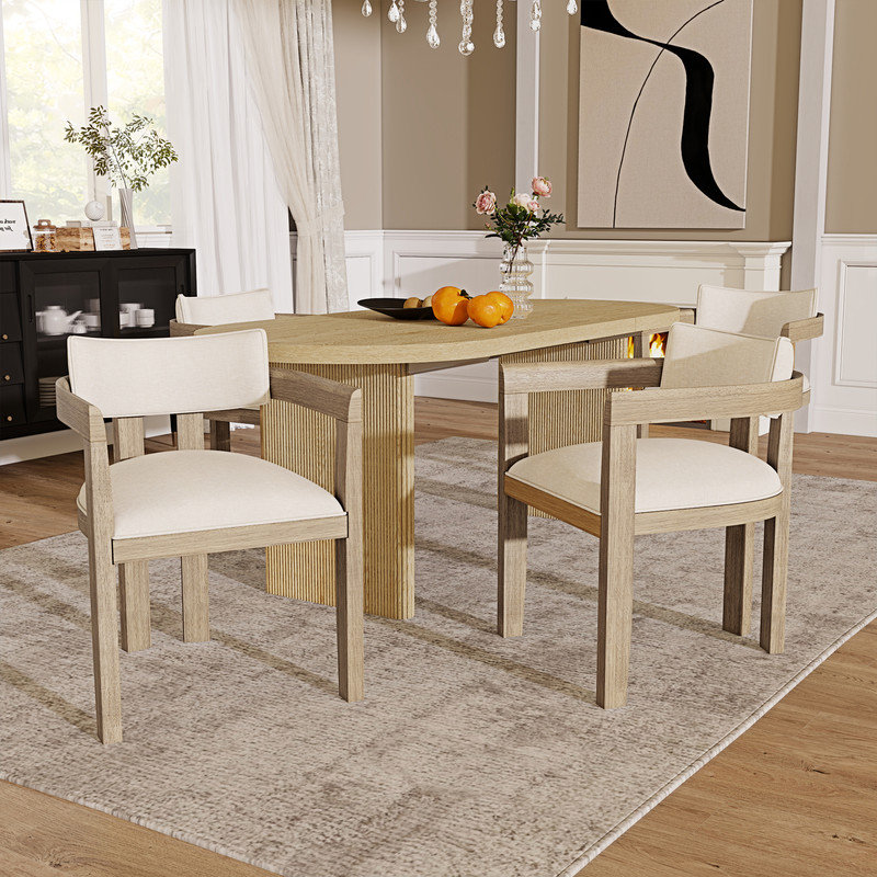 Tufted Linen Upholstered Armchair, Natural, Natural Wood