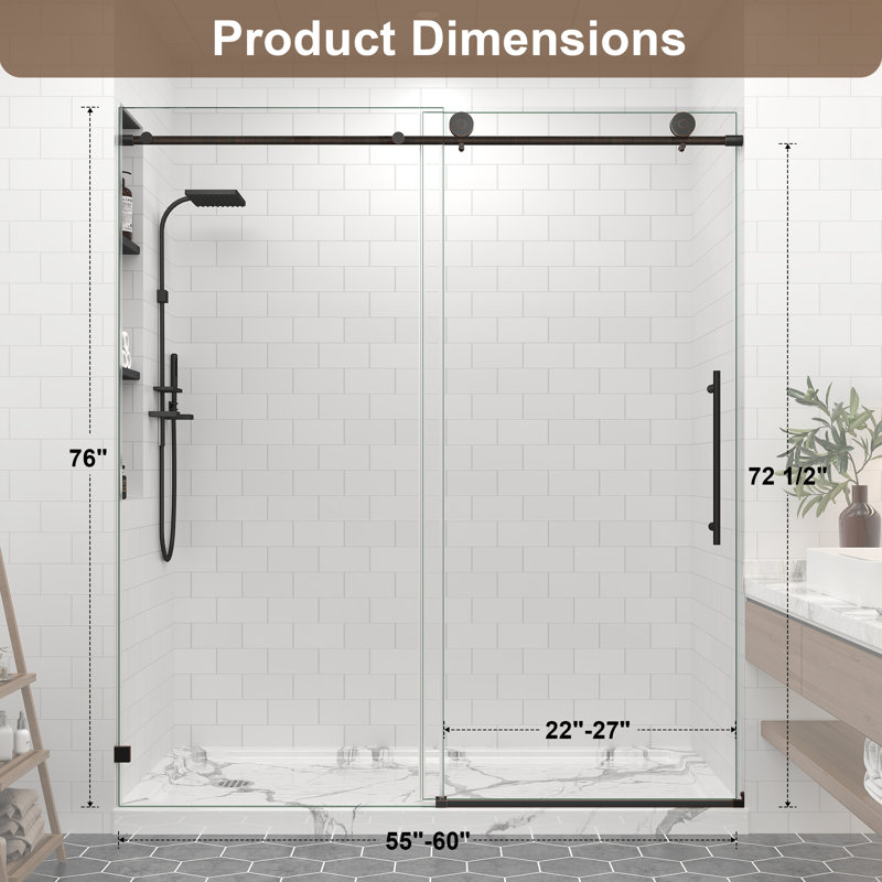 Porte de douche coulissante sans cadre de 55 à 60 po x H 76 po en bronze huilé avec verre trempé transparent de 5/16 po, grand rouleau, fermeture en douceur
