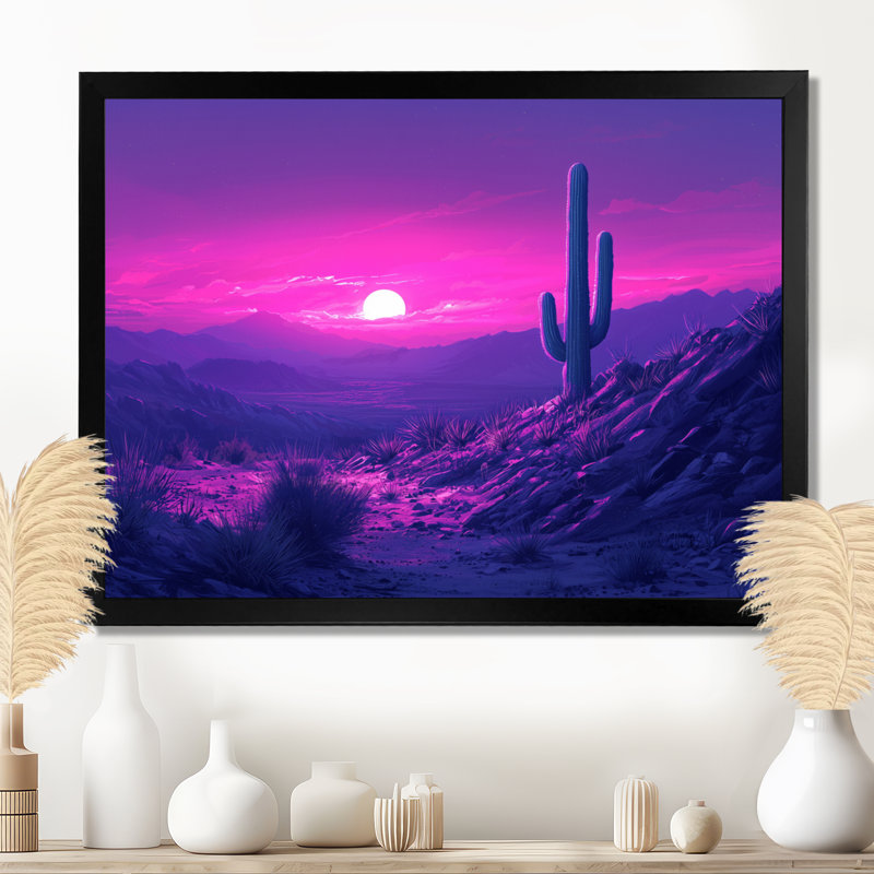 Lavande cactus au crépuscule II - art mural de cactus pour le salon, H 12 po x l 20 po, Cadre simple, Noir