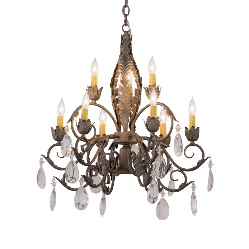 Country French Bronze 10-Light Crystal Chandelier with Cream Shades