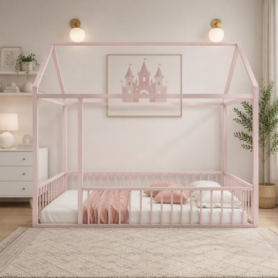 Cadre de lit en métal en forme de maison avec barrière pour enfants, adolescents, filles et garçons