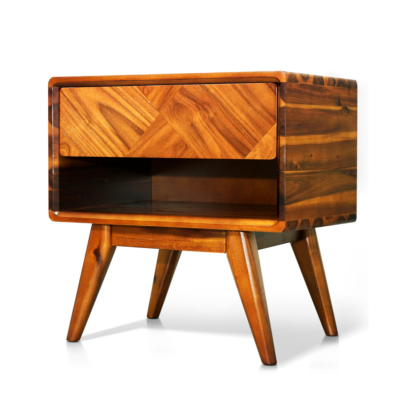 Solid Acacia Wood Nightstand, Bedside Table with Drawer & Open Shelf, Mid-Century Art Deco Accent Piece, Scratch & Water-Resistant