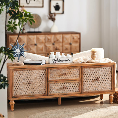 Meuble télé Mid-Century pour téléviseur de 60 pouces, meuble audio-vidéo avec rangement, tablette réglable, support pour trous de cordon, centre vieilli, 2 tiroirs et portes, pieds en bois massif