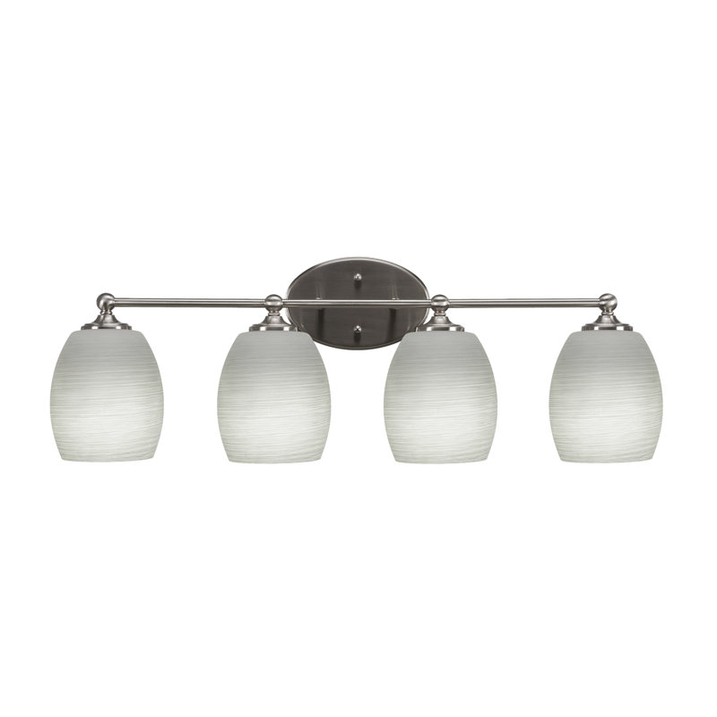 Barre d'éclairage de salle de bain 4 lumières Capri, fini nickel brossé avec verre en lin blanc de 5 po