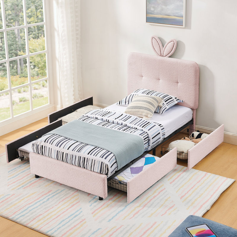 Lit simple tapissier avec tête de lit surdimensionnée, Rose