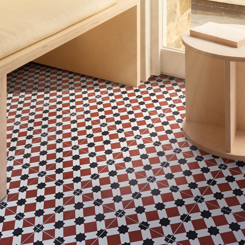 Ait Baha 8" x 8" Cement Patterned Wall & Floor Tile, Red/Black