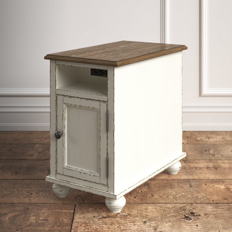 Heraldas End Table and Built-In Outlets, Brown Top/Antiqued White Base