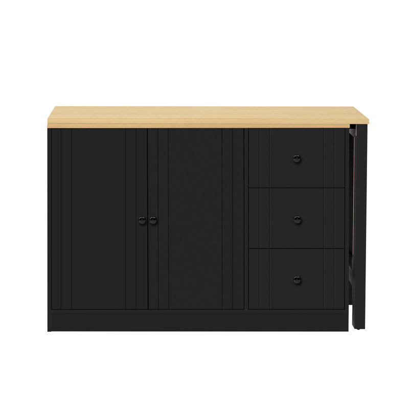 Îlot de cuisine de ferme avec table de salle à manger extensible, armoire de rangement convertible, Noir, noir, noir, noir