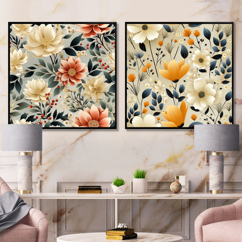 Maelle - Ensemble de 2 impressions murales florales, Cadre noir, H 30 po x l 61 po x P 1 po