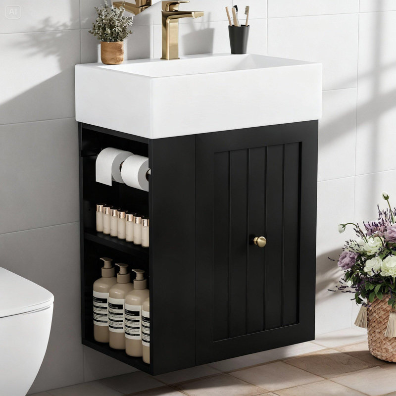 Meuble-lavabo de 20 po avec plateau en céramique Lioravelle, Noir, 20