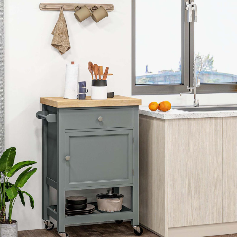 Utility Kitchen Cart, Rolling Kitchen Island with Smooth Rubberwood Top, Narrow Butcher Block Surface on Wheels with Storage Drawer & Cabinet, Gray