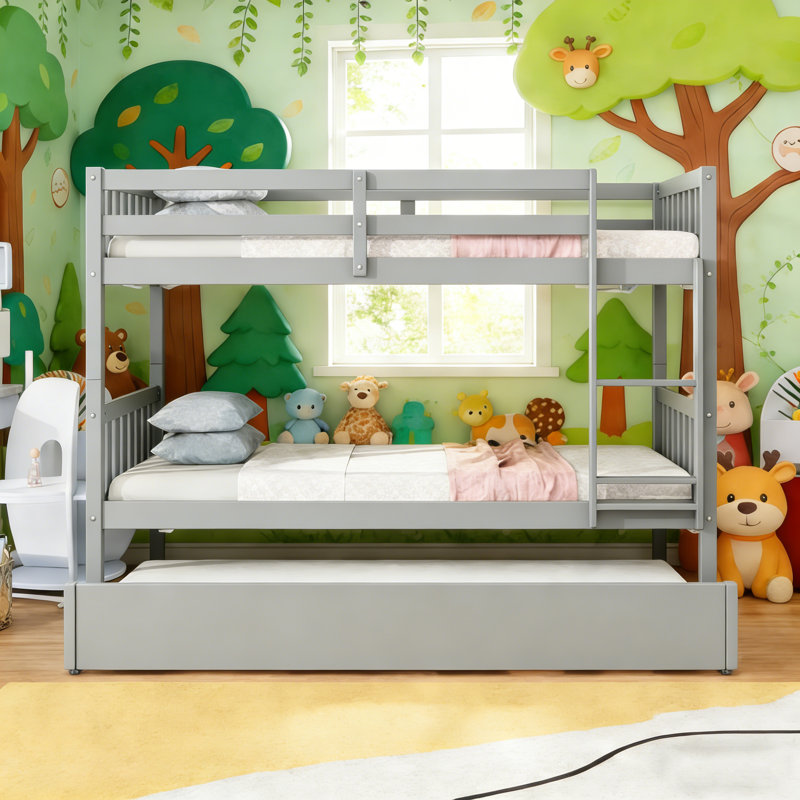 Twin Over Twin Solid Wood Bunk Bed With Trundle&Ladder, Convertible Into Twin Size Beds, Gray