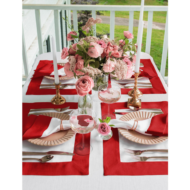 Contempo - 100% Pure Linen Dinner Napkins, Red/White