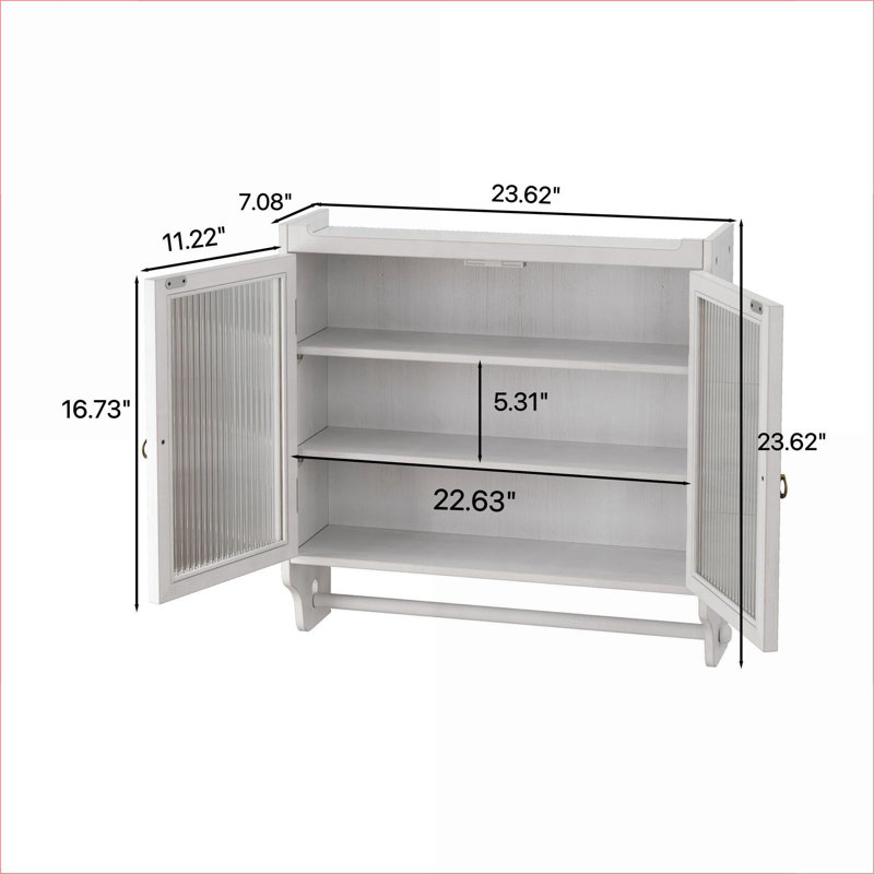 Armoires | Armoire de rangement murale à 3 niveaux Vintage, portes doubles en verre et bois massif, blanc cassé délavé, 24,8 po avec porte-serviettes | Traditionnel | Salle de bain