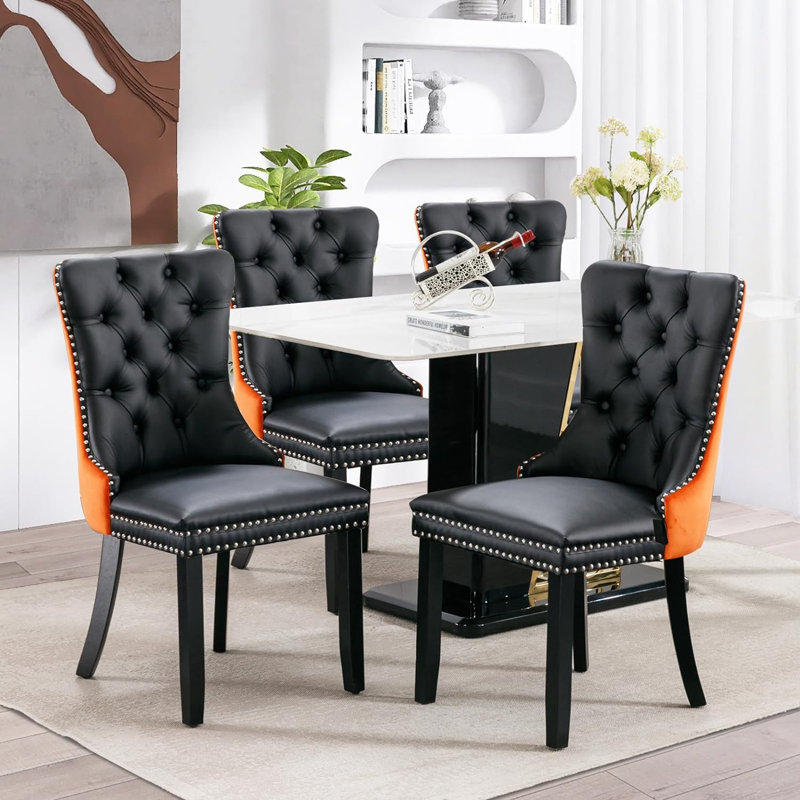 Chaises de salle à manger, chaise de salle à manger rembourrée haut de gamme avec anneau clouté, Noir, 4
