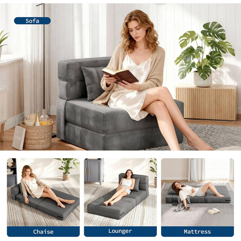 Boneless 4-in-1 Folding Sofa Bed & Chair Bed, Convertible Sleeper Loveseat with Pillow, Dark Grey Floor Lounge
