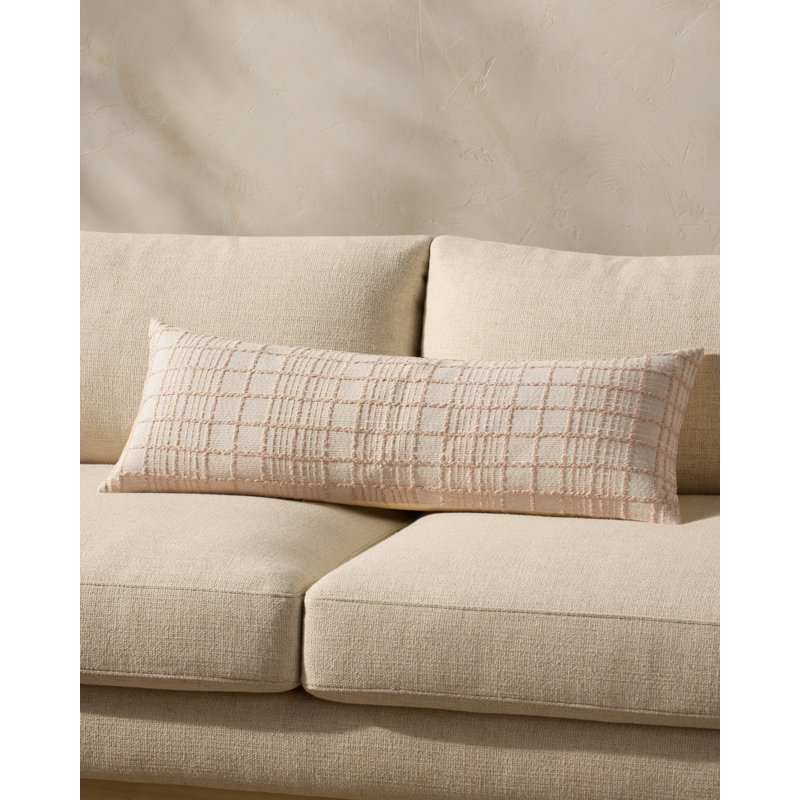 Beige Cotton Windowpane Check Lumbar Throw Pillow