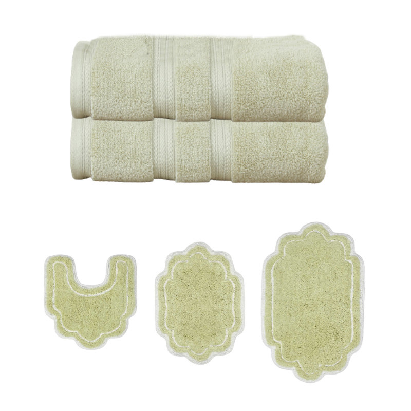 Talbert Collection 100% Soft Cotton 2 PC Bath Towel Set & Bath Rug Set, Green, 2 Piece Bath Towel Set & 3 Piece Bath Rug Set