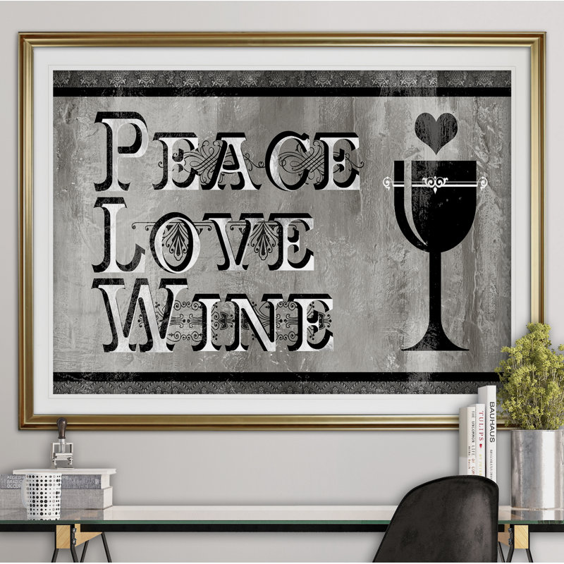 « paix love wine », reproduction de peinture à l’acrylique encadrée, H 30 po x l 40 po x P 1,5 po, Or
