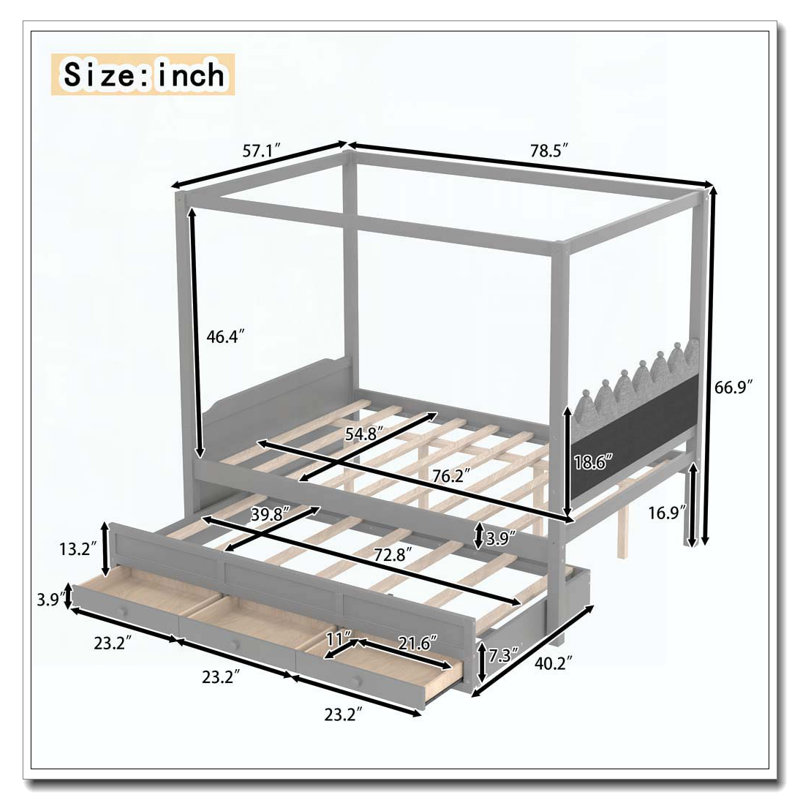 Lit plateforme double avec tête de lit tapissier, lit gigogne simple et 3 tiroirs, Lit double, Gris