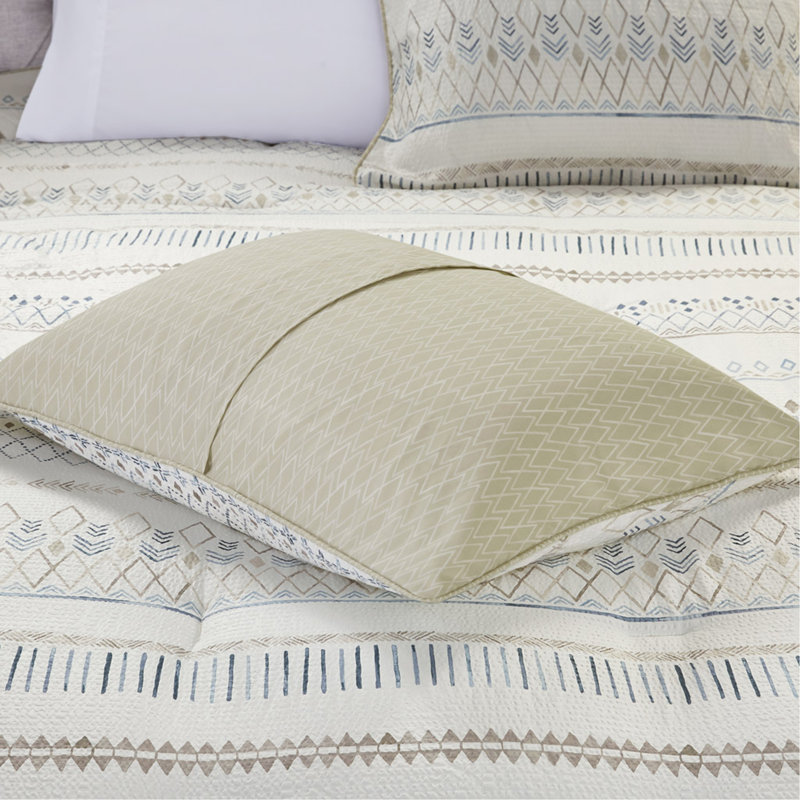 Ensemble d'édredon imprimé 5 pièces avec coussins décoratifs en taupe / bleu 5 pièces, Taupe / rayures bleues