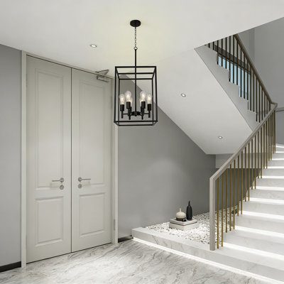 Farmhouse Chandelier Light Fixture With Square Cage Shades, 6-Light Pendant Lighting For Kitchen, Dining Room, And Entryway, Dimmable And Easy To Install