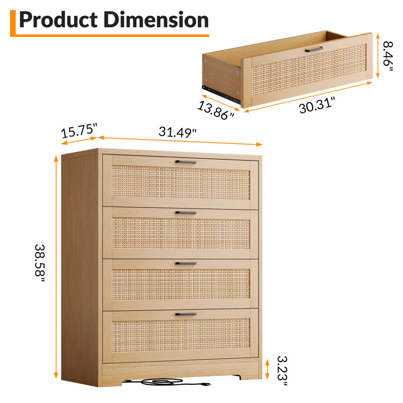 Commode haute pour chambre à coucher, commode en bois avec accents en rotin, Jaune