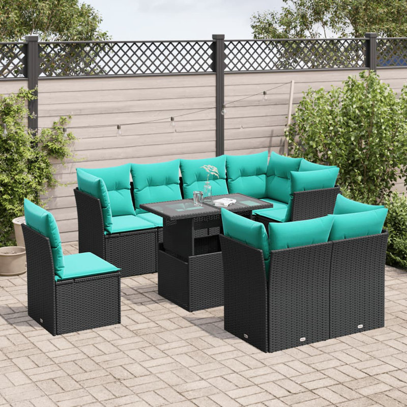  Ensemble de canapé de patio 9 pièces avec coussins en rotin de polyester noir