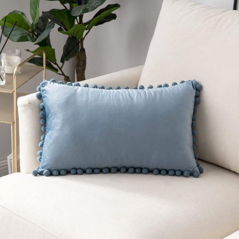 Pom Pom Velvet Pom Pom Velvet Lumbar Pillow Cover, Blue Gray
