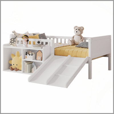 Lit mezzanine simple pour enfants avec glissière, rangement pour bibliothèque mobile, garde-corps, cadre de lit mezzanine bas pour enfants, blanc