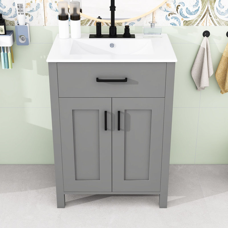 Ensemble de meuble-lavabo 24 po avec lavabo en céramique, tiroir et portes à fermeture douce, Gris