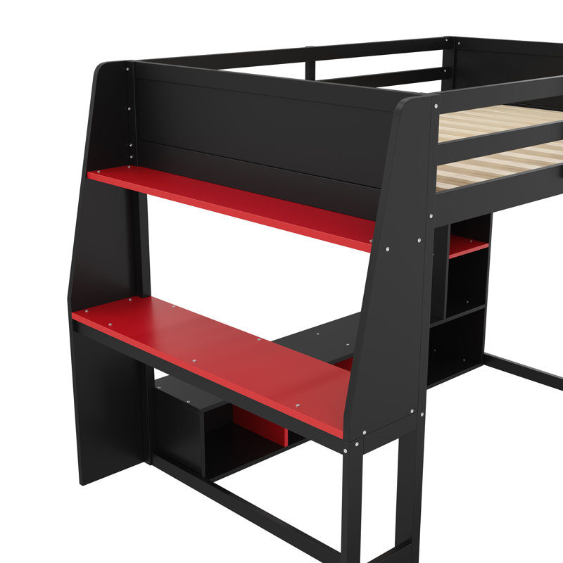 Lit mezzanine double en bois avec bureau, étagères à rangement multiples, lumières DEL et support à vêtements suspendu, noir