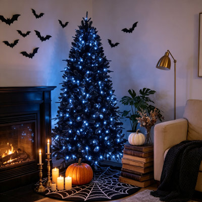 7FT Black Christmas Tree Prelit, Pre Lit Christmas Tree with 450 White Lights & 1916 Tips, Black Halloween Tree with Metal Foldable Stand, Artificial Hinged Xmas Tree for Home, Party Decoration