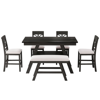 6-Piece Wood Counter Height Dining Table Set with Storage Shelf, Kitchen Table Set with Bench and 4 Chairs,Rustic Style,Cushion