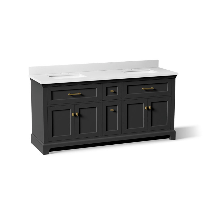 Charlemont 60 In. Bathroom Vanity Cabinet With Sinks And Quartz Top, Dark Warm Gray, Brushed Brass