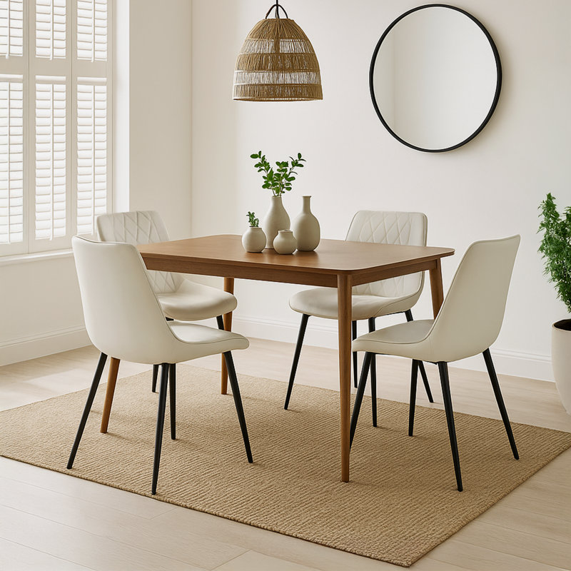 Drea Solid Wood Walnut Effect Dining Table With 4 Simsbury Luxury Velvet Upholstered Dining Chairs, Cream
