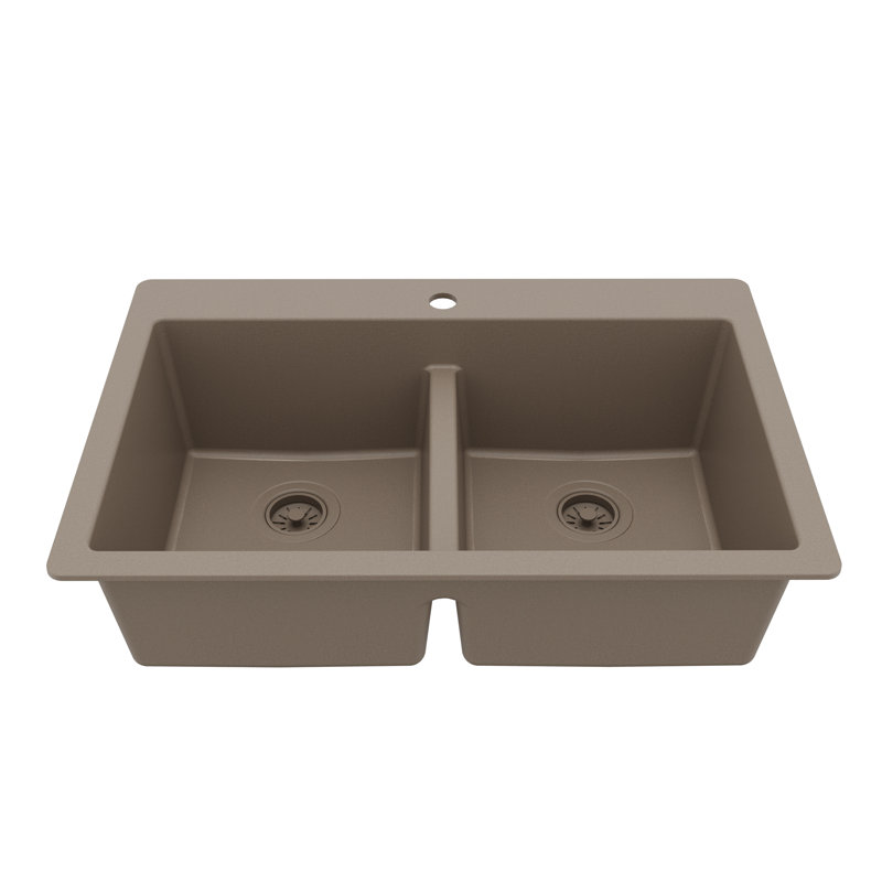 Karran Quartz 33'' X 22'' 50/50 Double Bowl Composite Drop-in Kitchen Sink, Concrete