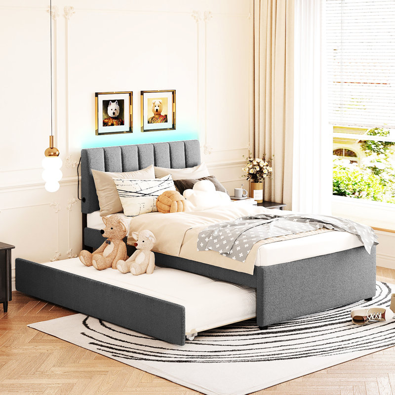 Lit plateforme gris avec lit gigogne gris - Structure en panneau de particules et revêtement en gris, Grey, Twin