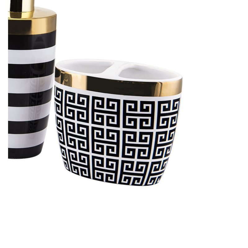Derby Black and White Ceramic Toothbrush Holder with Gold Accent