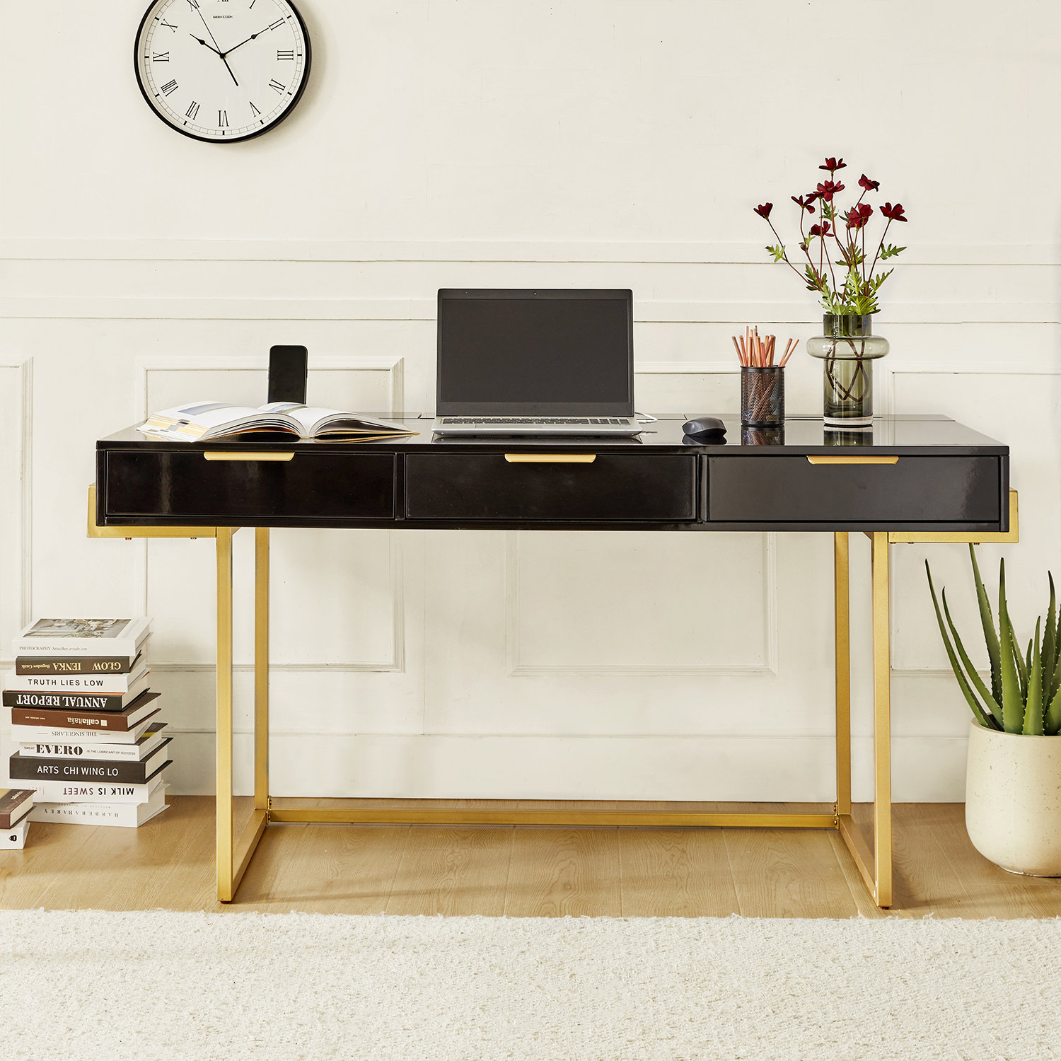 Everly Quinn Rothi Modern 62'' W Rectangle Writing Desk with Built-in Charging Station and Cable Management and Slot Holders & Reviews | Wayfair