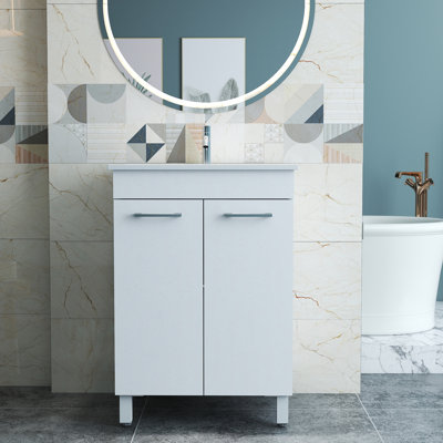 24-inch Floor-mounted Bathroom Vanity With Ceramic Sink, Glossy White Cabinet With Soft-close Doors, Adjustable Shelf & Silver Leveling Feet