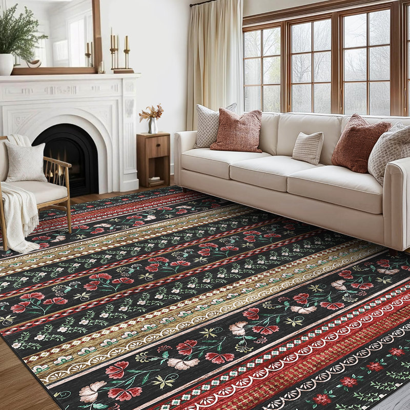 Floral Machine Washable Rug with Rubber Non-Slip Backing for Living Room, Dining Room, Bedroom, Office & Playroom