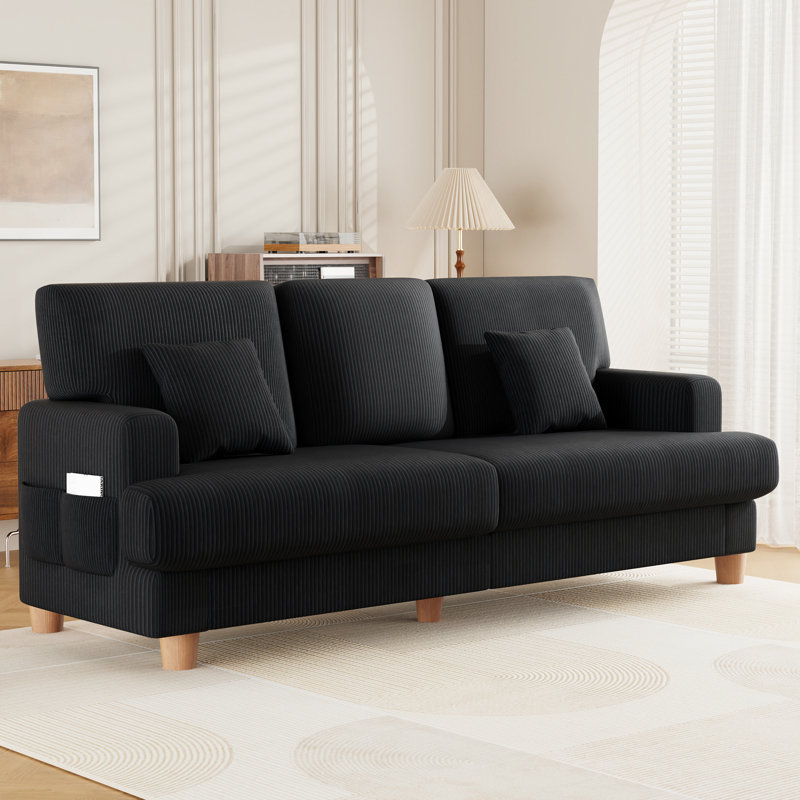 220cm Corduroy Sofa with 3 Seats, No Tool Assembly,Solid Wood Frame and Solid Wood Legs, Black