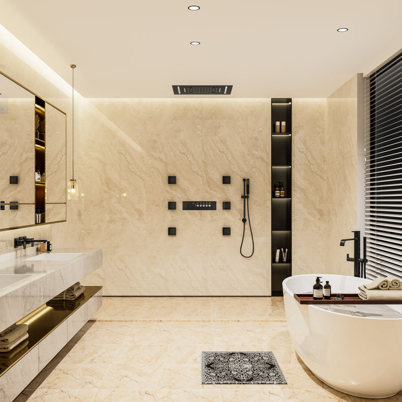 Thermostatic Flush Ceiling Mounted Complete Shower System With LED Lights, Body Jets And Slide Bar, Matte Black