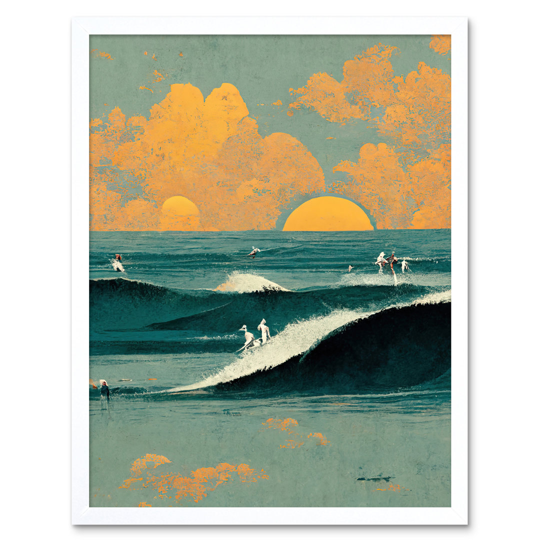 Surfers Surfing Chasing Waves Sunset Abstract - Print