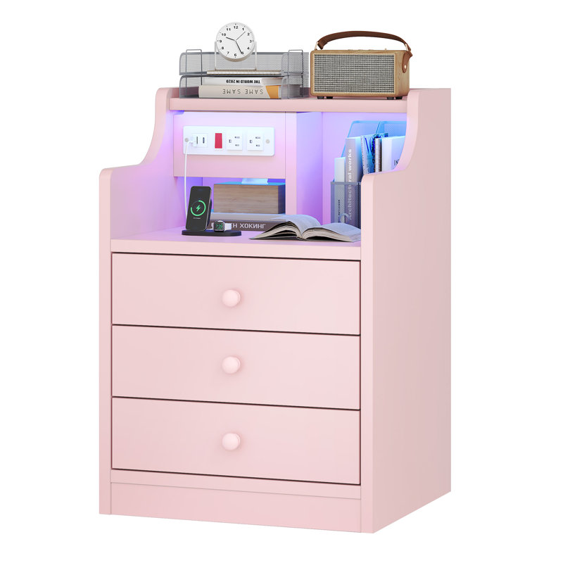 Nightstand With Charging Station And Led Lights,night Stand With Hutch,bedside Table With Drawers,modern End Side Table For Bedroom