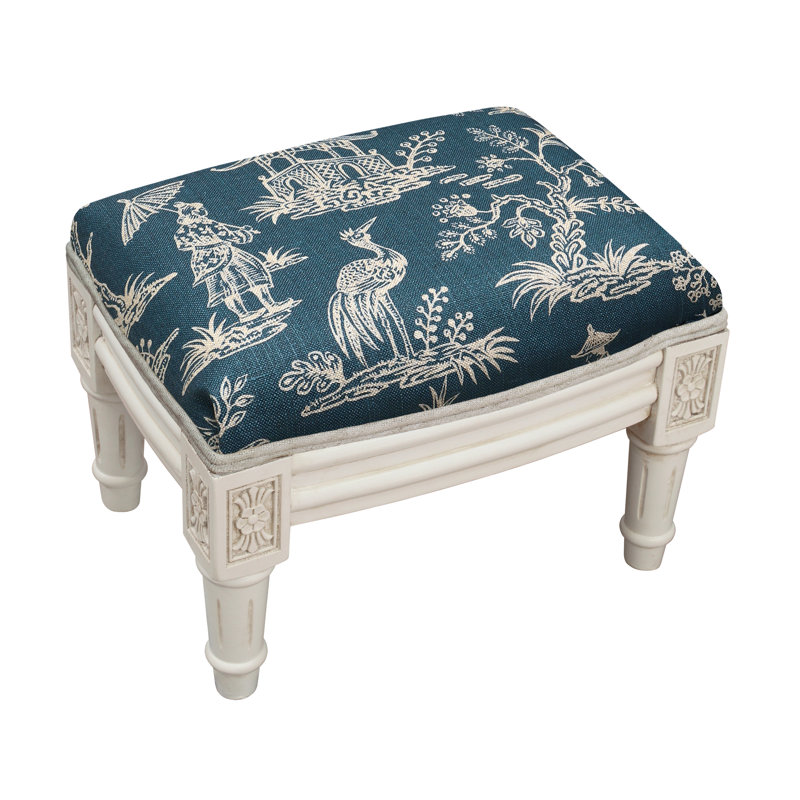 Camary Upholstered Ottoman, White, Navy Linen Blend