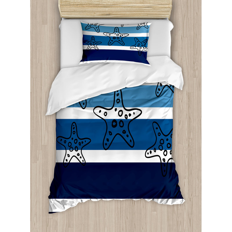 Twin Blue and White Starfish Microfiber Duvet Cover Set