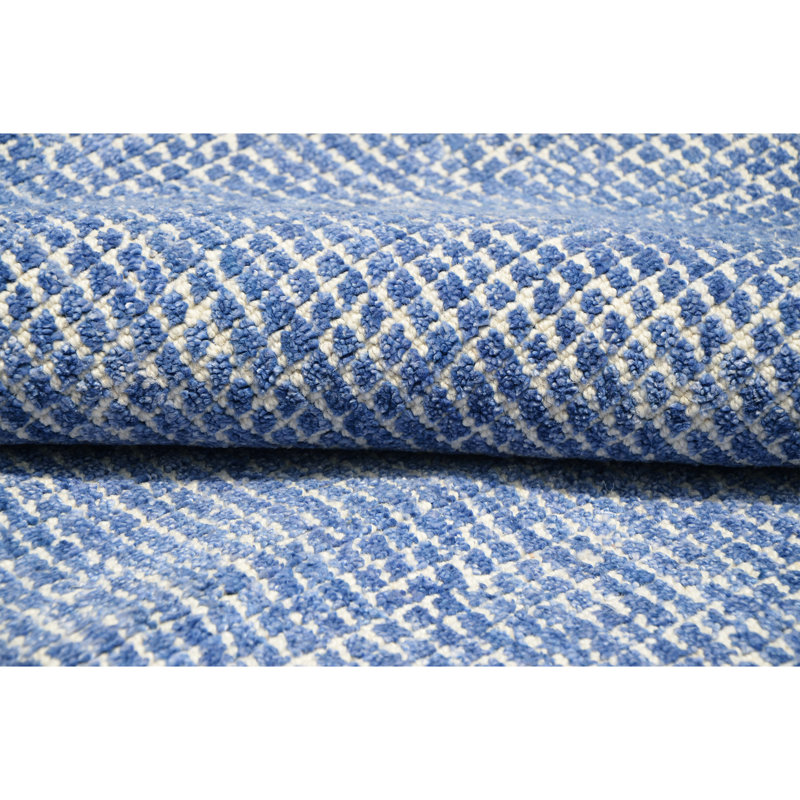 Hand Knotted Plaid Area Rug in Ivory/Blue, Rectangle 9' x 12'