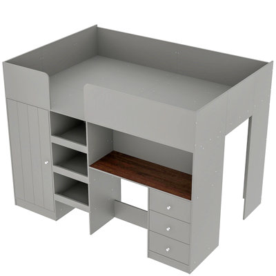 Lit mezzanine en bois avec garde-robe intégré, bureau, tablettes de rangement et tiroirs